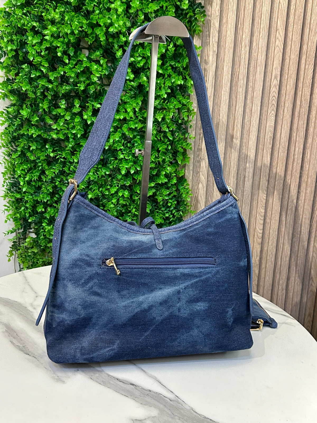 Denim Hobo Bag with Crystal Owl Design & Detachable Pouch