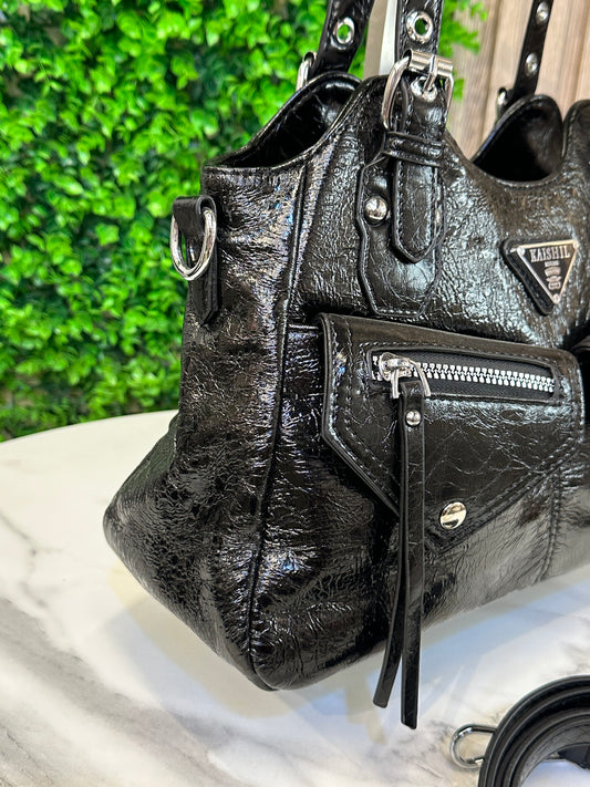 Black Crinkled Leather Shoulder Bag with Zip Pockets & Crossbody Strap