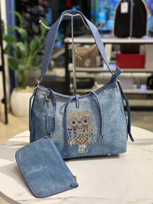 Denim Owl Embellished Shoulder Bag with Mini Wallet