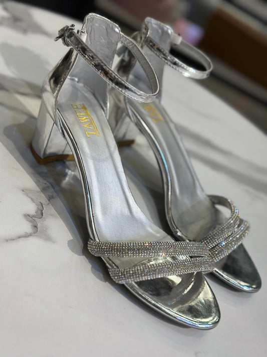 Rhinestone Block Heel Sandals with Ankle Strap