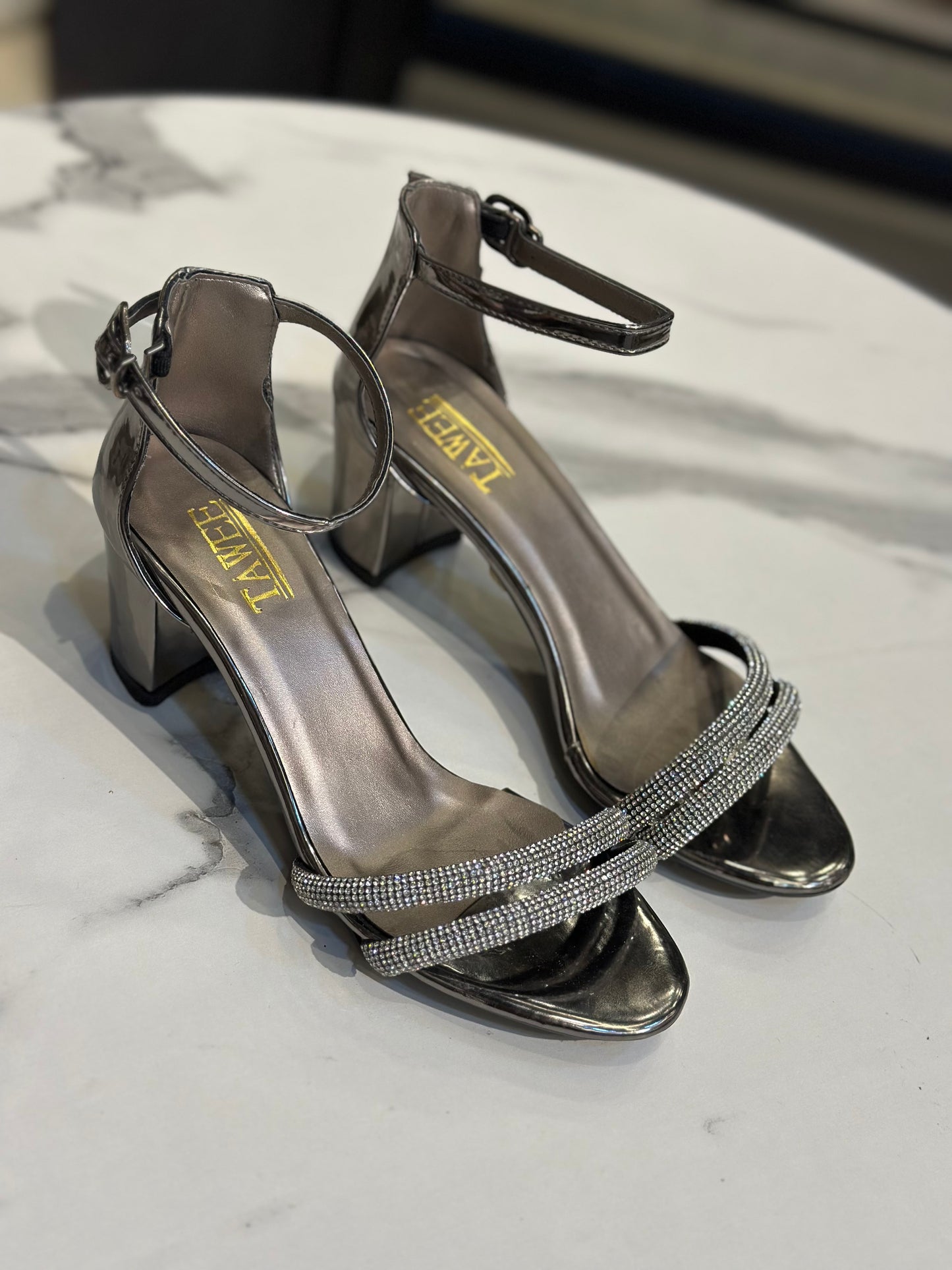 Rhinestone Block Heel Sandals with Ankle Strap