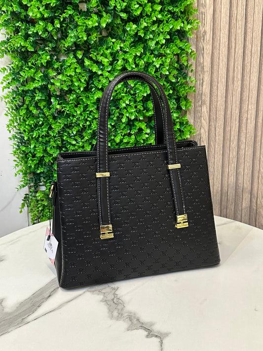 Women's Structured Top Handle Handbag – Embossed Pattern, Gold Accents