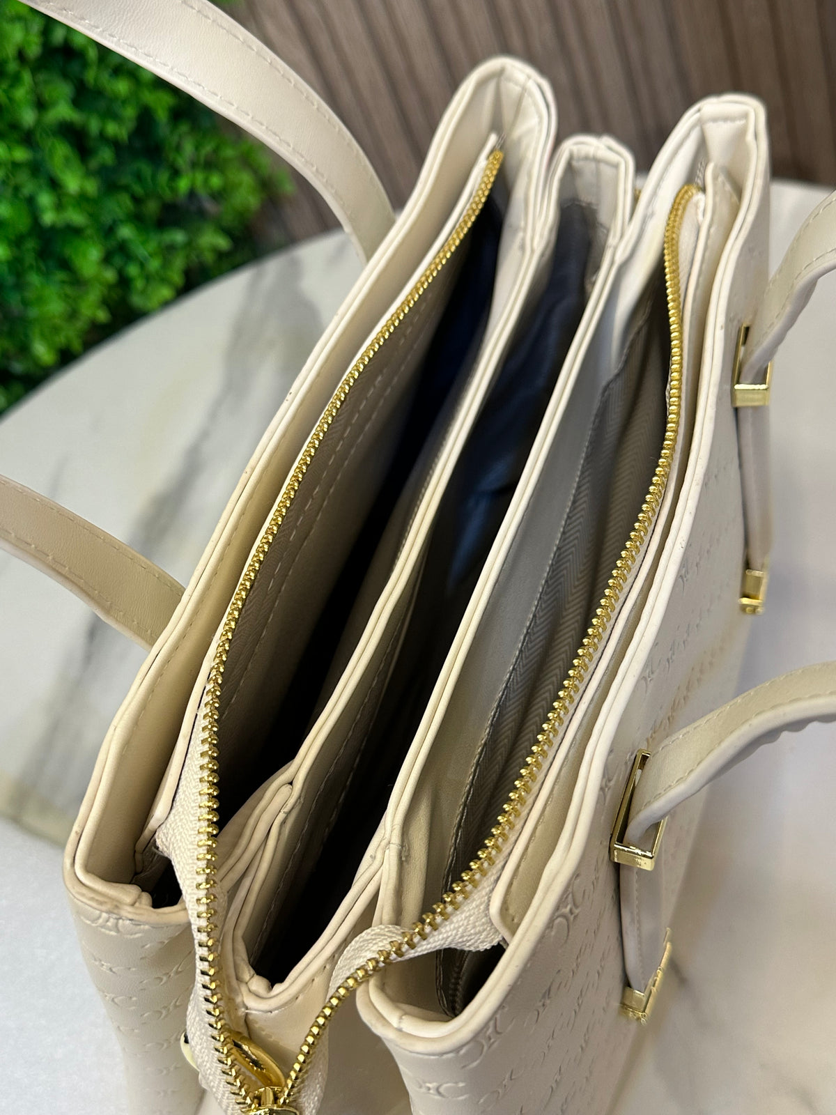 Women's Structured Top Handle Handbag – Embossed Pattern, Gold Accents