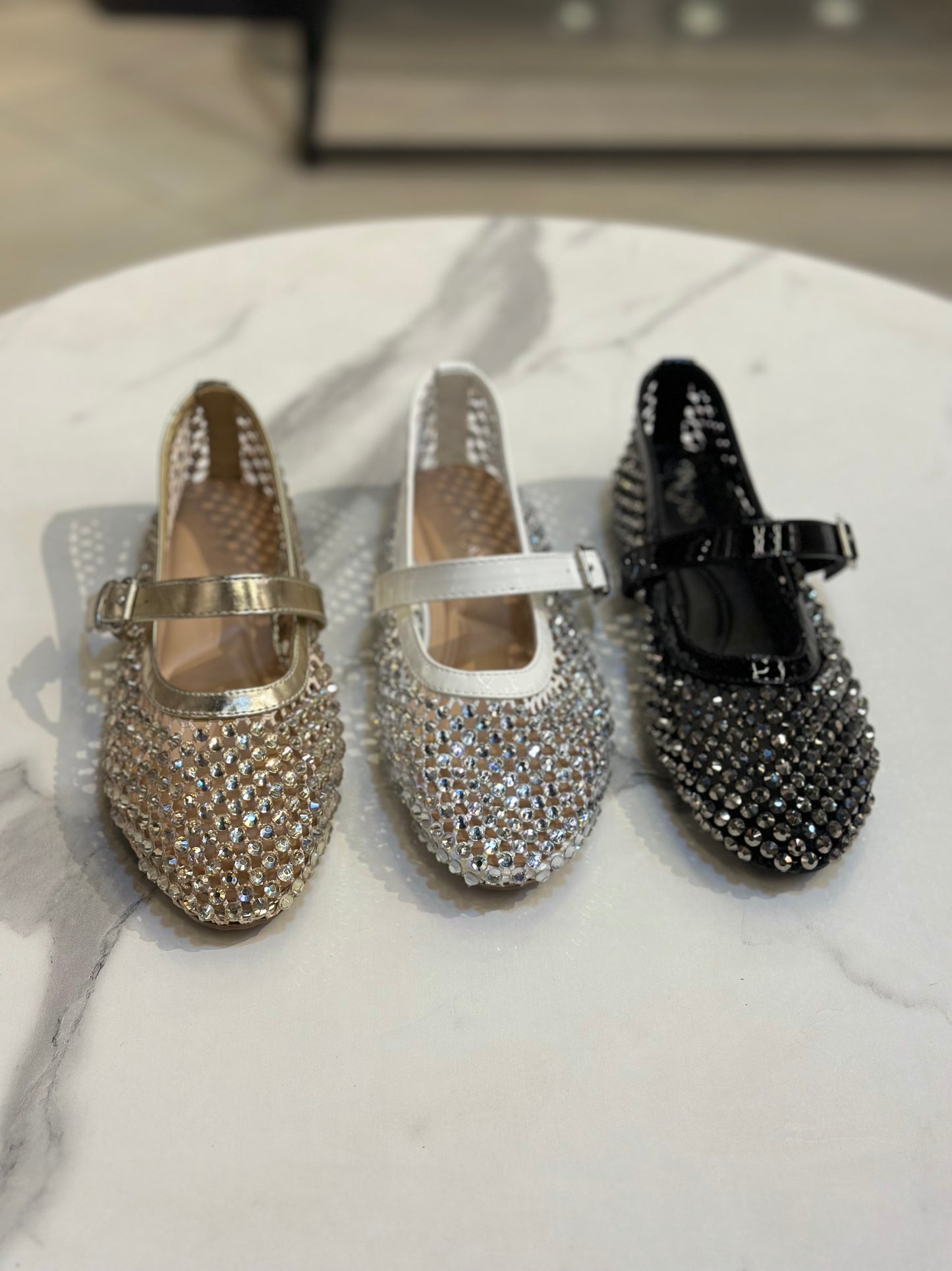 Chic Mary Jane Flats with Crystal Mesh Design