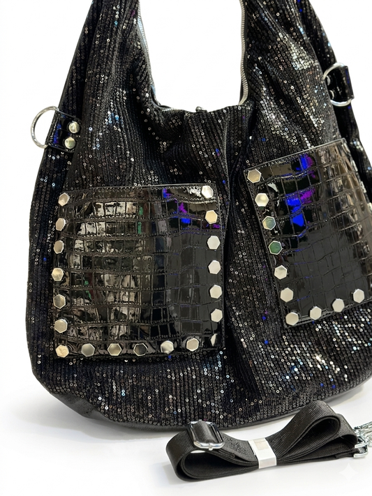 Sequin Embellished Shoulder Bag with Studded Croc Pockets