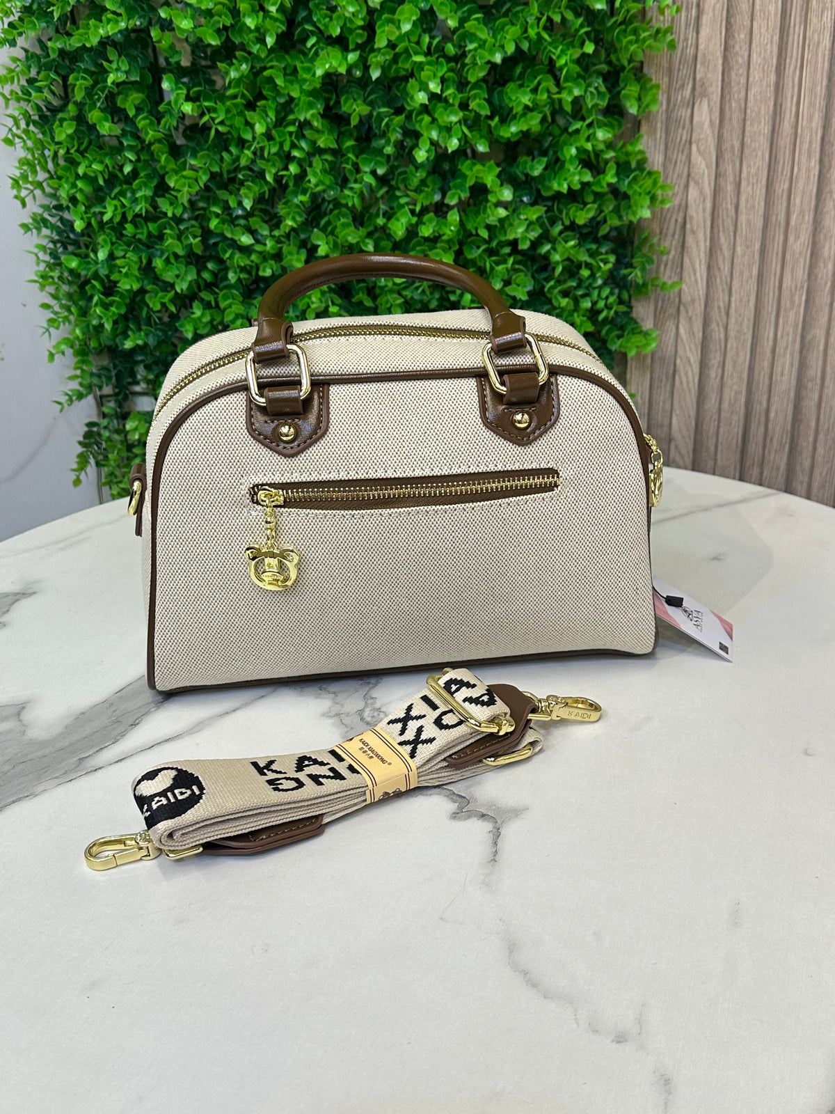 Embroidered Bear Detail Structured Top Handle Bag