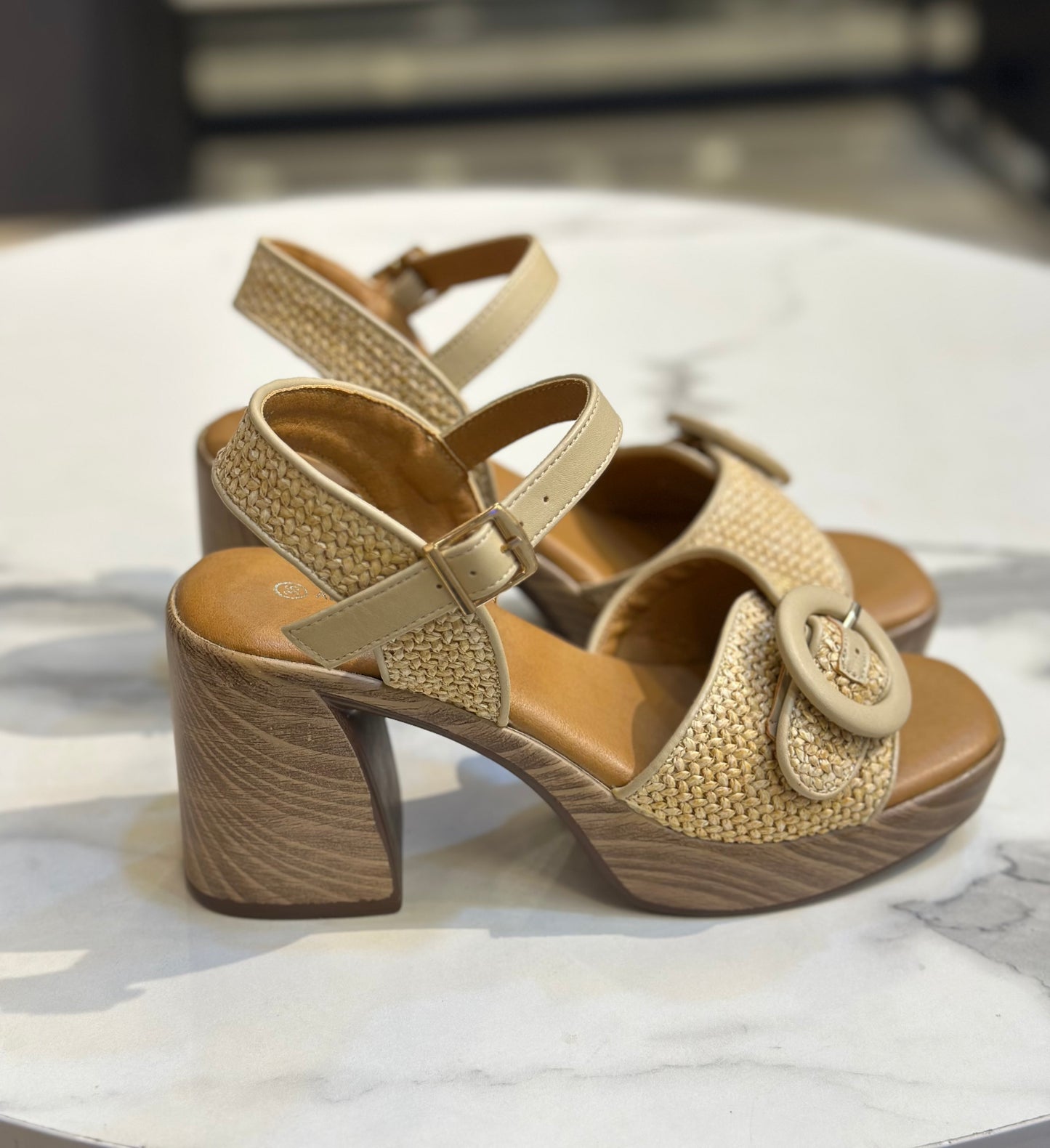 Woven Platform Heel Sandal with Buckle Detail