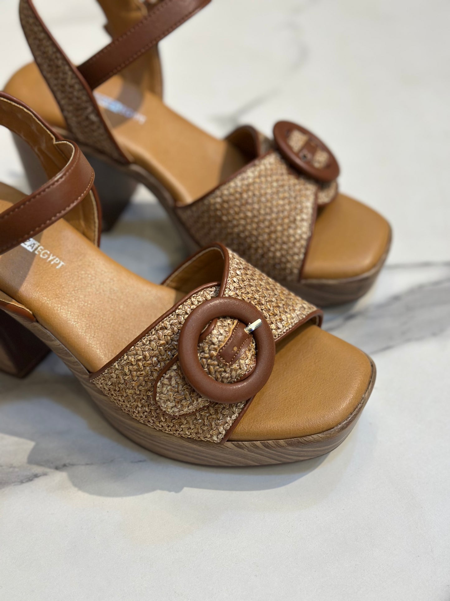 Woven Platform Heel Sandal with Buckle Detail