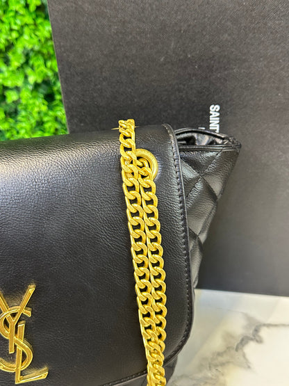 Black Quilted Leather Flap Shoulder Bag with Gold Chain Strap