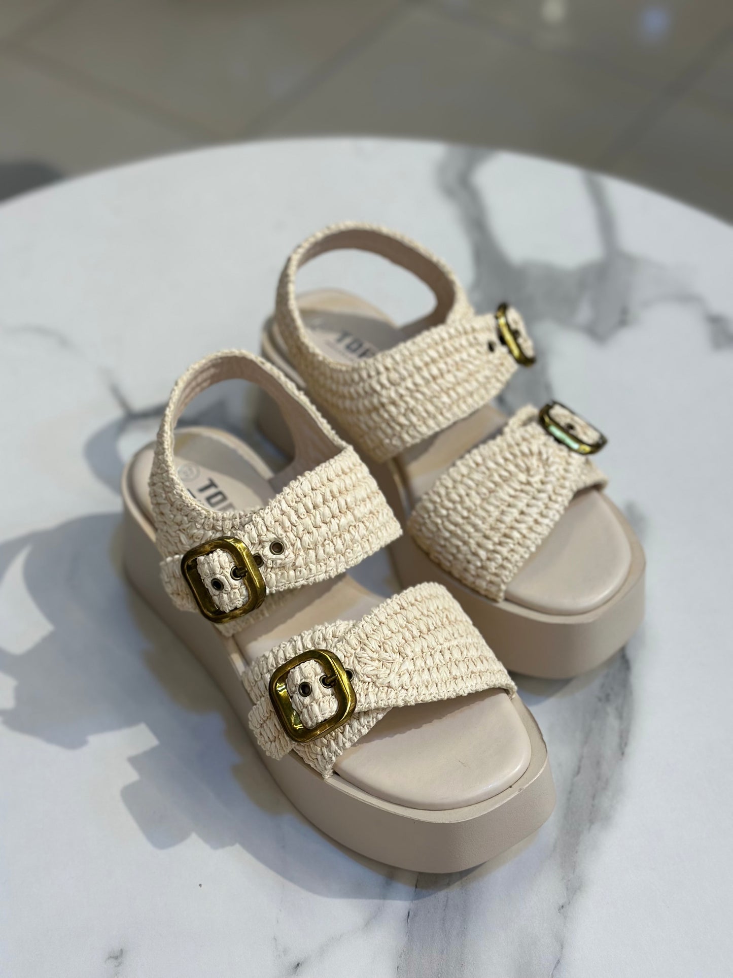 Raffia Platform Sandals with Gold Buckles