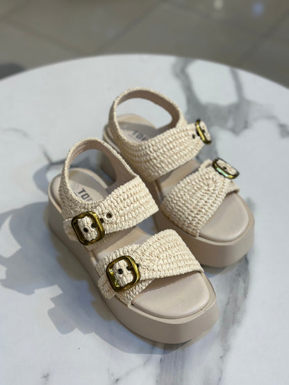 Raffia Platform Sandals with Gold Buckles