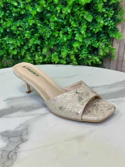 V-Strap Heeled Sandal — Textured Stone-Print Upper
