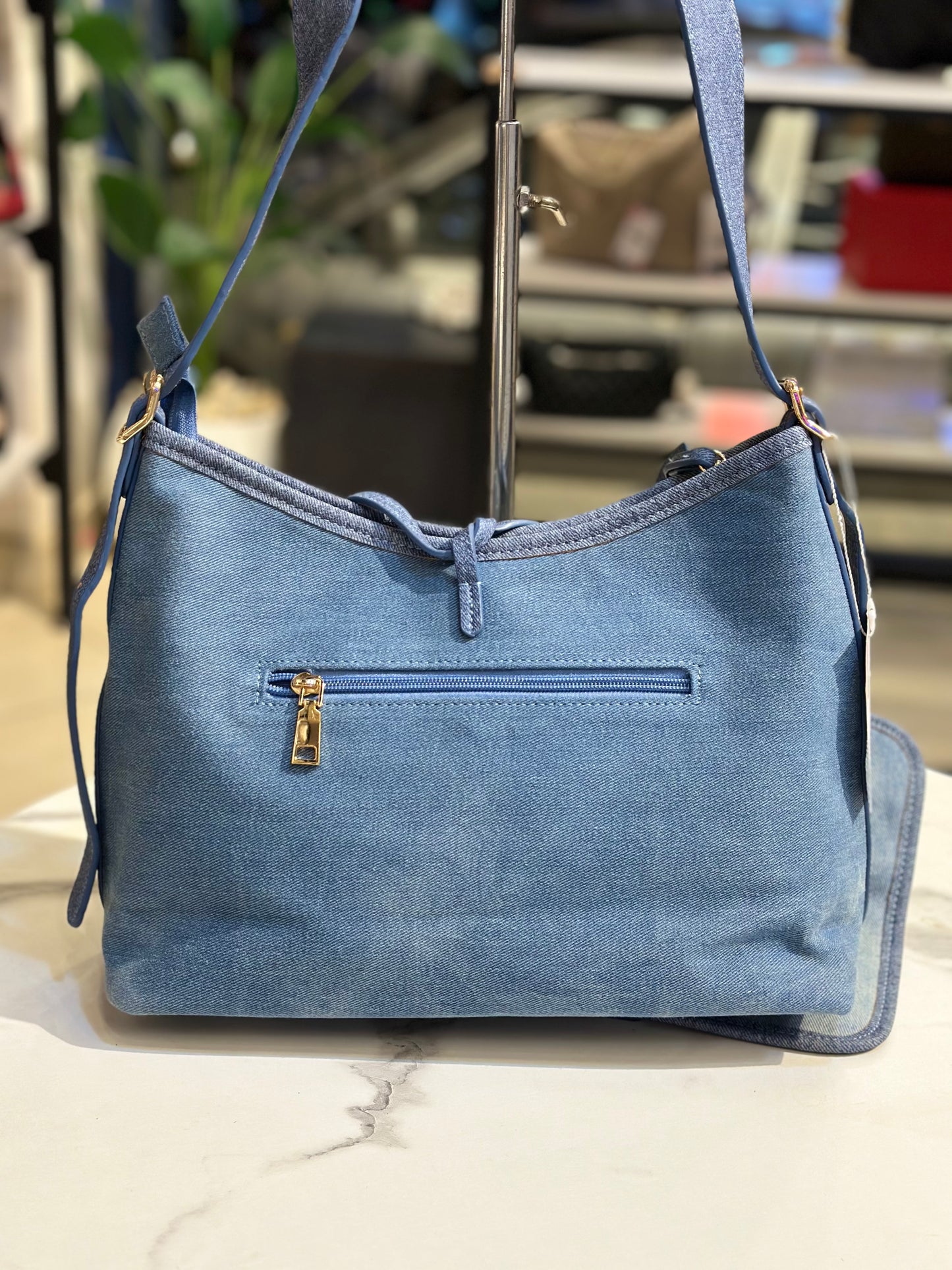 Denim Owl Embellished Shoulder Bag with Mini Wallet