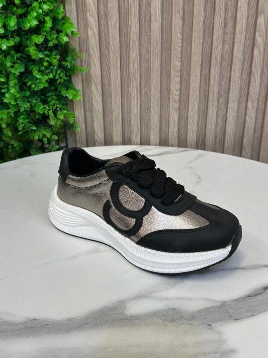 Chunky Platform Lace-Up Sneakers – Metallic Panel Design