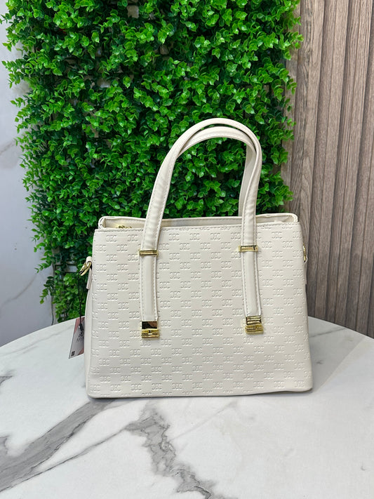 Women's Structured Top Handle Handbag – Embossed Pattern, Gold Accents