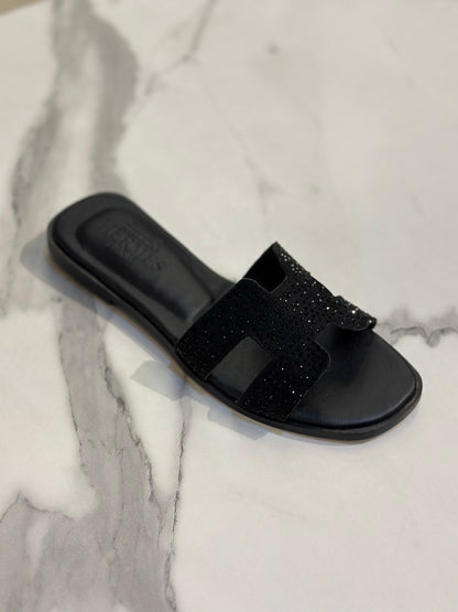 Black Rhinestone H-Strap Luxury Slide Slippers