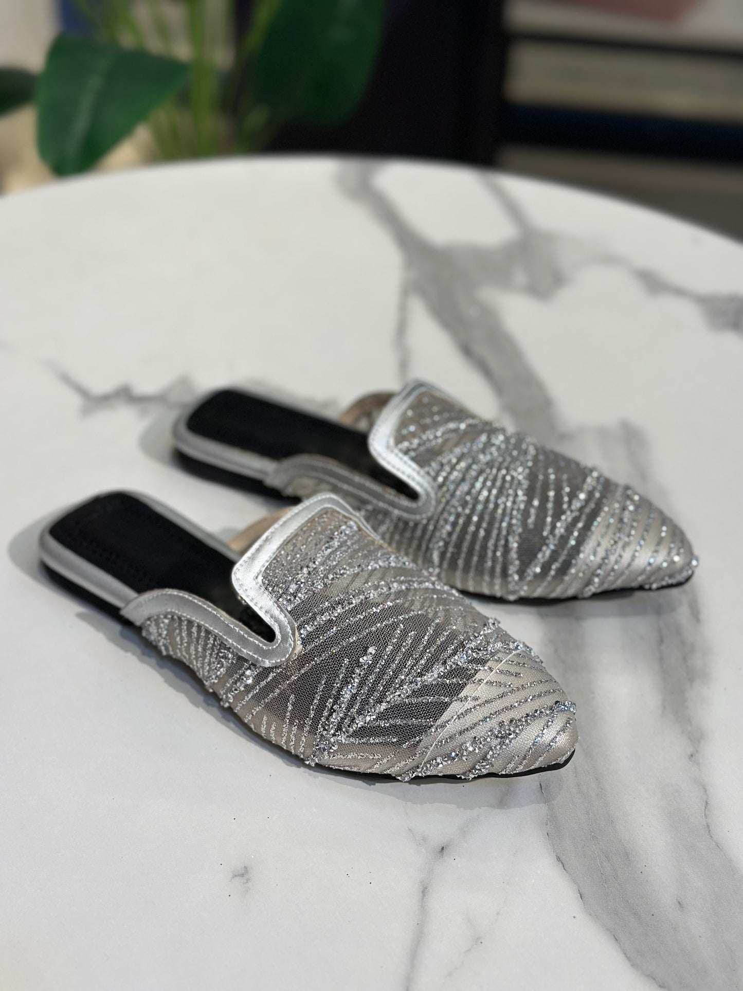 Glitter Print Pointed Mules