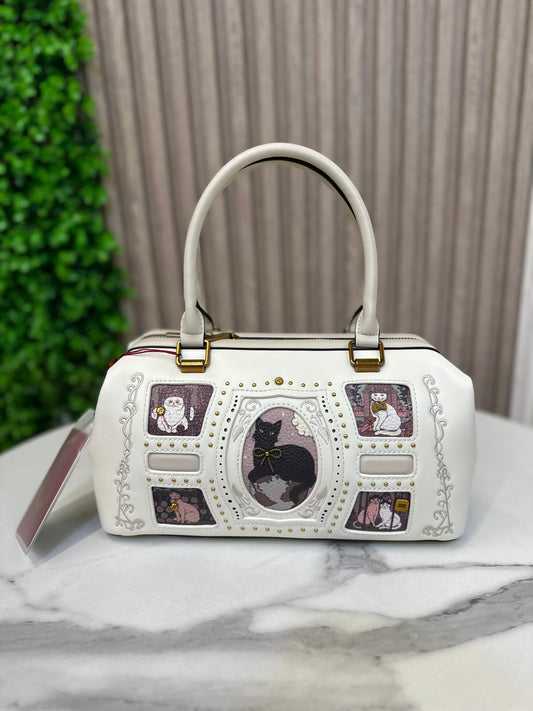 Enchanted Cat Portrait Boston Bag with Gold-Studded Trim