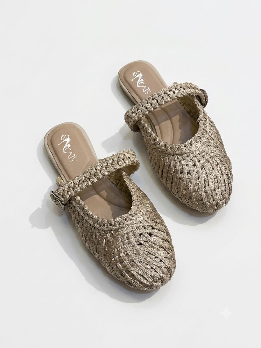 Woven Textured Buckle Mules