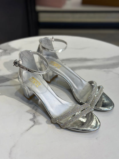 Rhinestone Block Heel Sandals with Ankle Strap