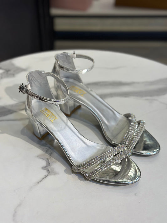 Rhinestone Block Heel Sandals with Ankle Strap