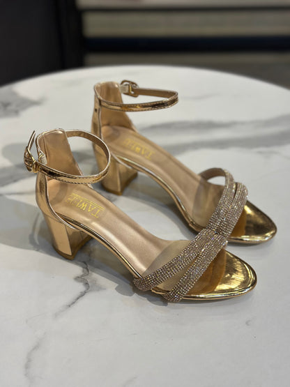 Rhinestone Block Heel Sandals with Ankle Strap