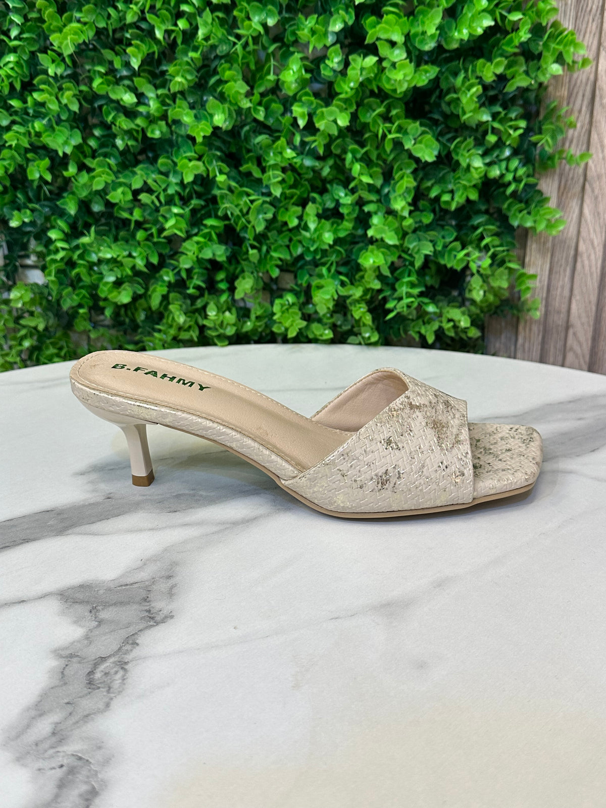 V-Strap Heeled Sandal — Textured Stone-Print Upper