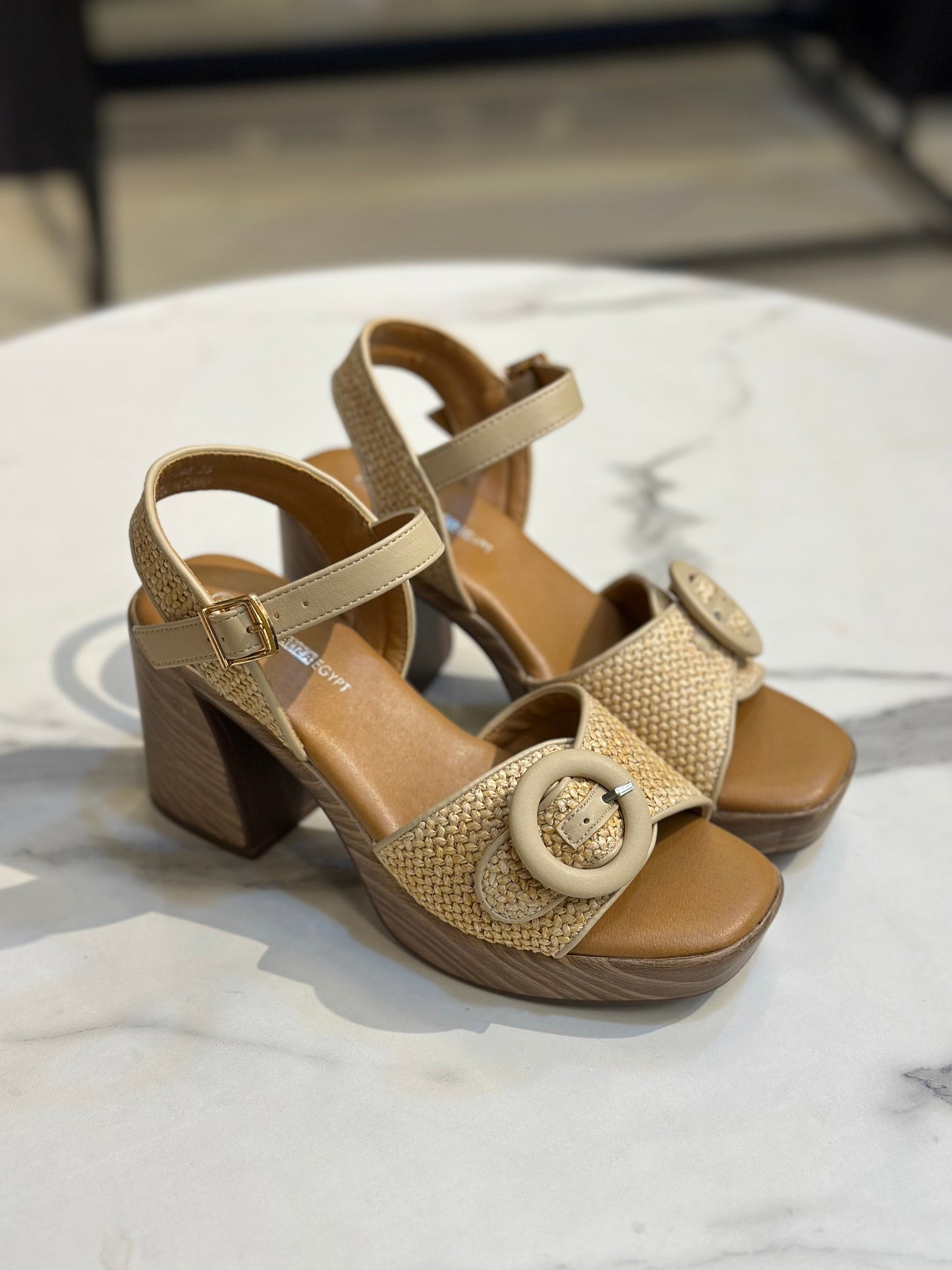 Woven Platform Heel Sandal with Buckle Detail