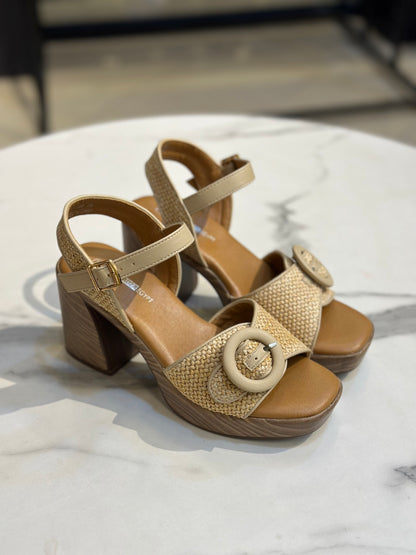 Woven Platform Heel Sandal with Buckle Detail