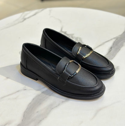 Gold Buckle Leather Loafers – Chunky Sole