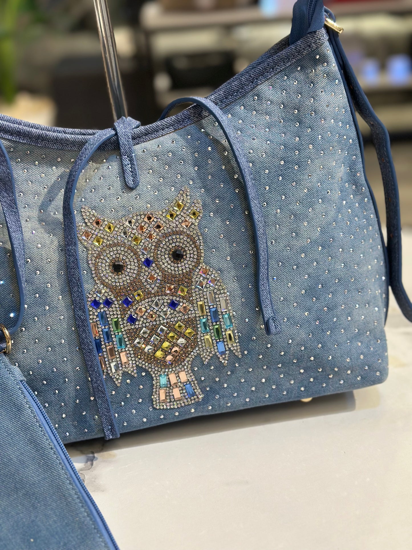 Denim Owl Embellished Shoulder Bag with Mini Wallet