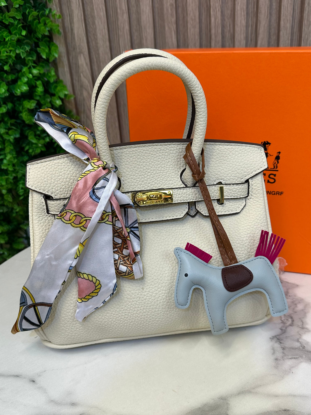 Structured Top-Handle Bag with Silk Scarf & Charm Detail
