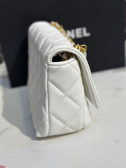 Chanel Quilted Flap Bag with Pearl Chain Strap & Box