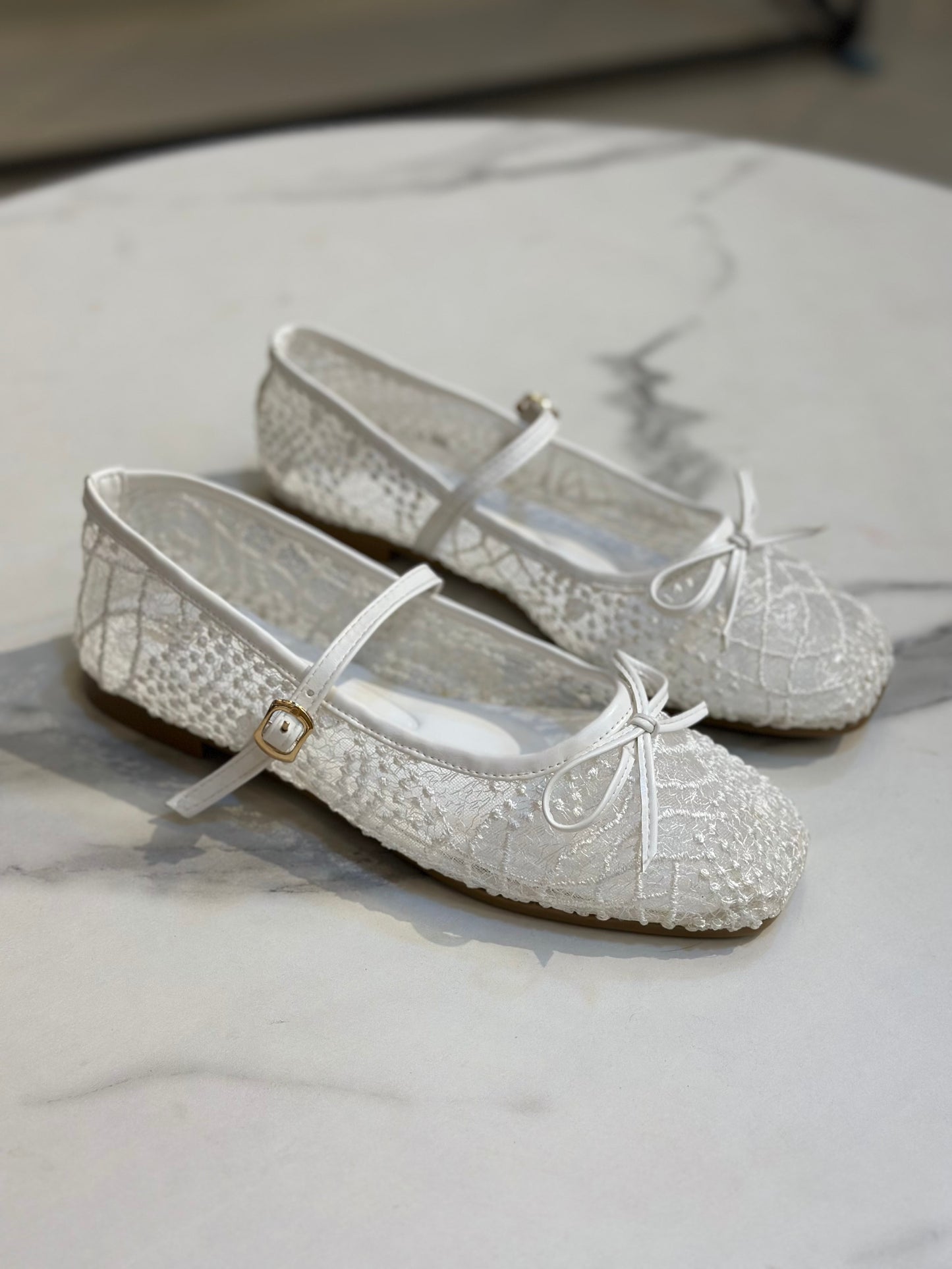 Lace Glitter Ballet Flats with Bow & Ankle Strap