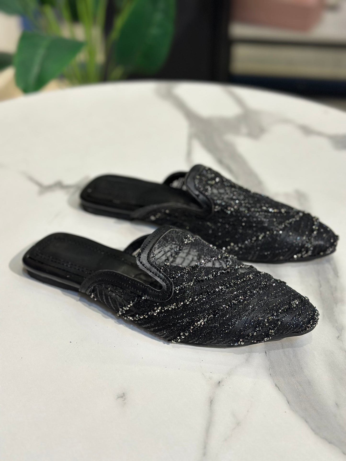 Glitter Print Pointed Mules