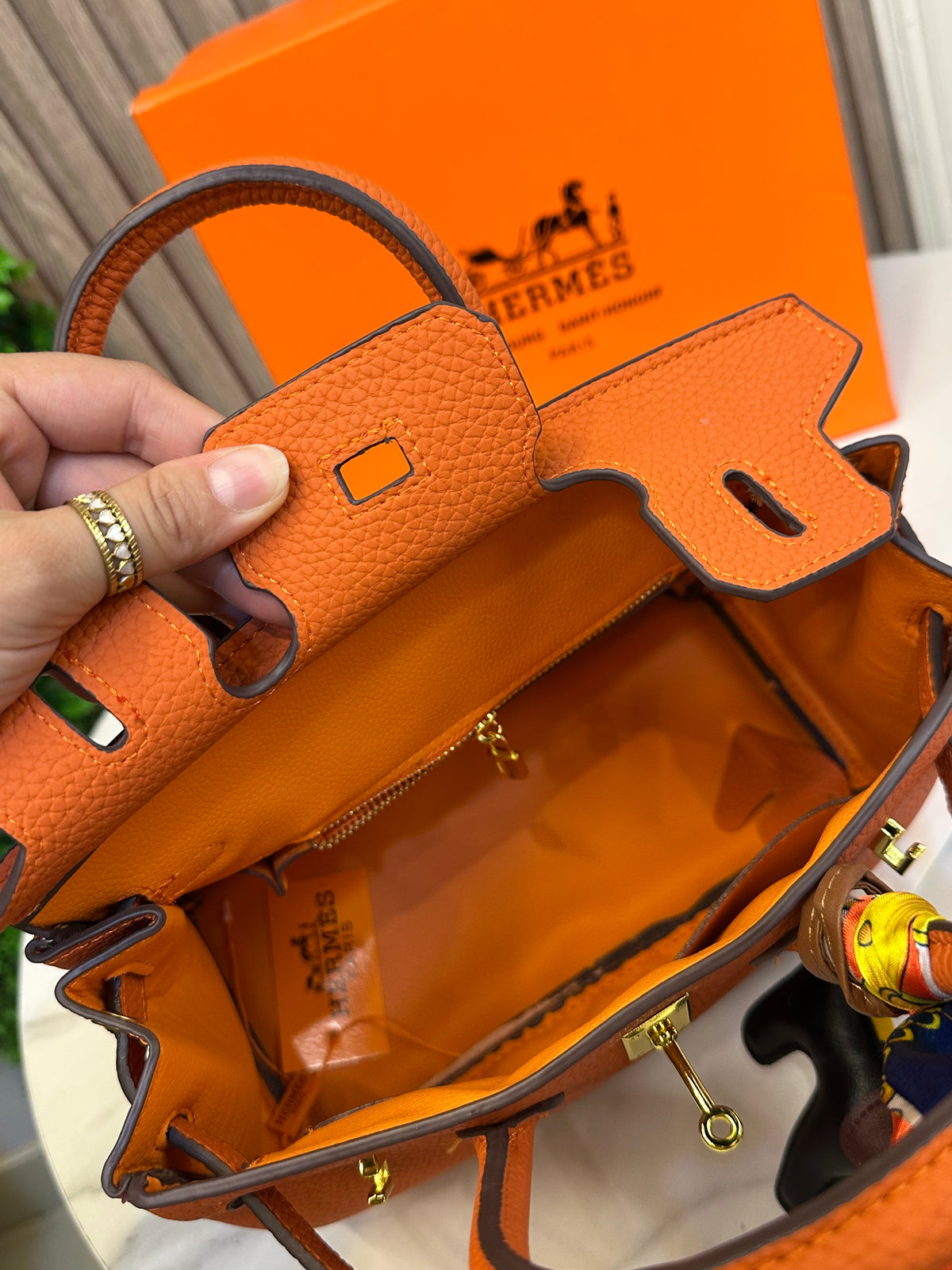 Structured Top-Handle Bag with Silk Scarf & Charm Detail
