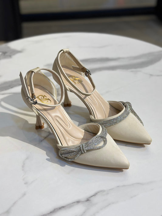 Crystal Bow Pointed Heel Pumps 7 cm
