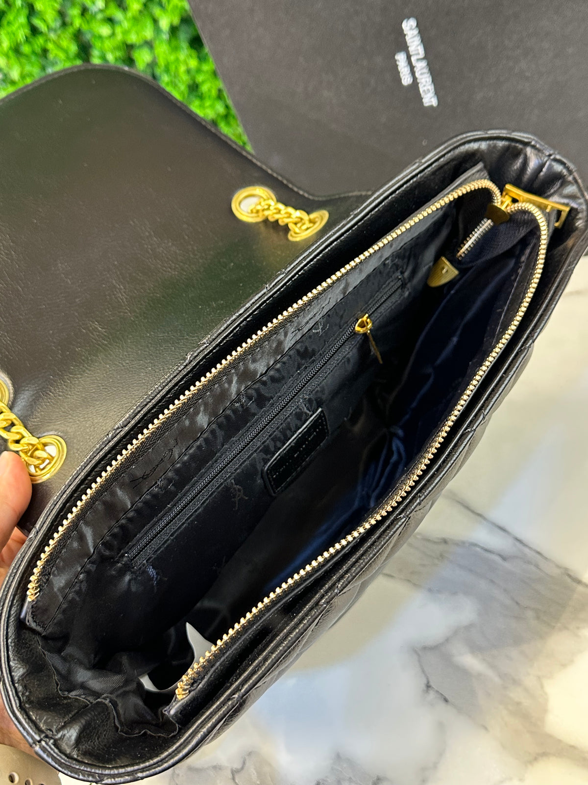 Black Quilted Leather Flap Shoulder Bag with Gold Chain Strap