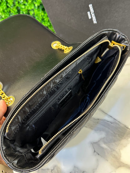 Black Quilted Leather Flap Shoulder Bag with Gold Chain Strap