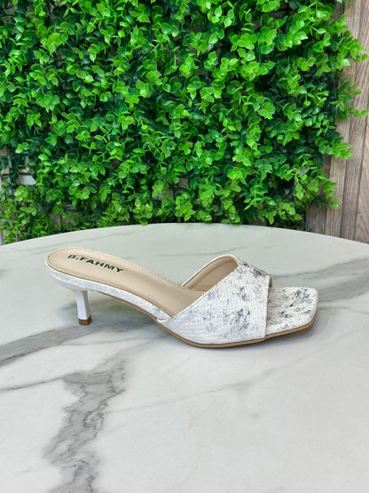 V-Strap Heeled Sandal — Textured Stone-Print Upper