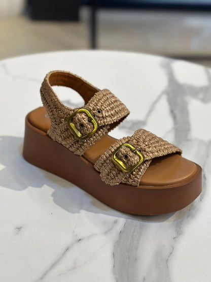 Raffia Platform Sandals with Gold Buckles