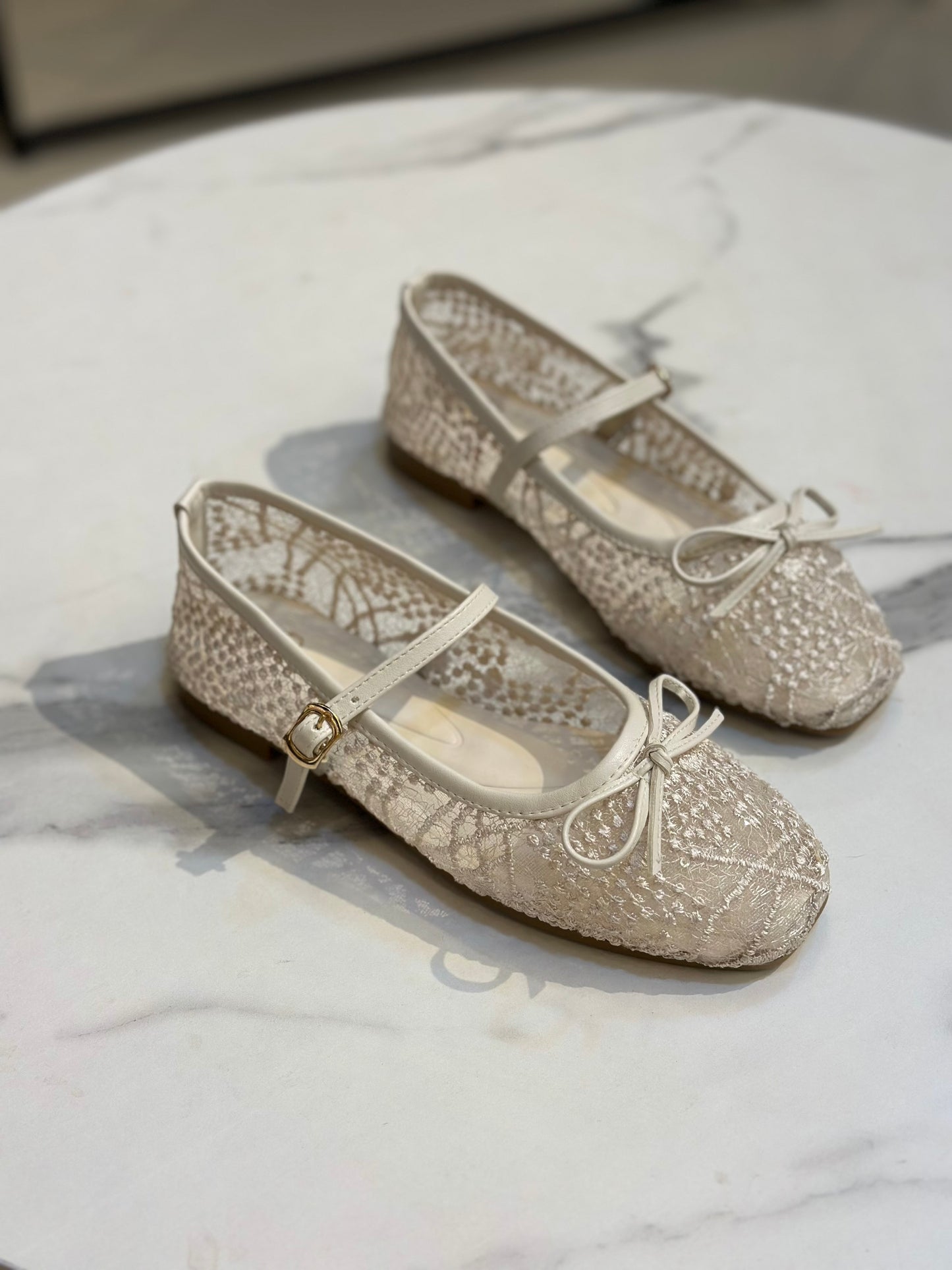 Lace Glitter Ballet Flats with Bow & Ankle Strap