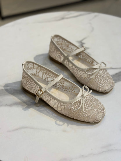 Lace Glitter Ballet Flats with Bow & Ankle Strap