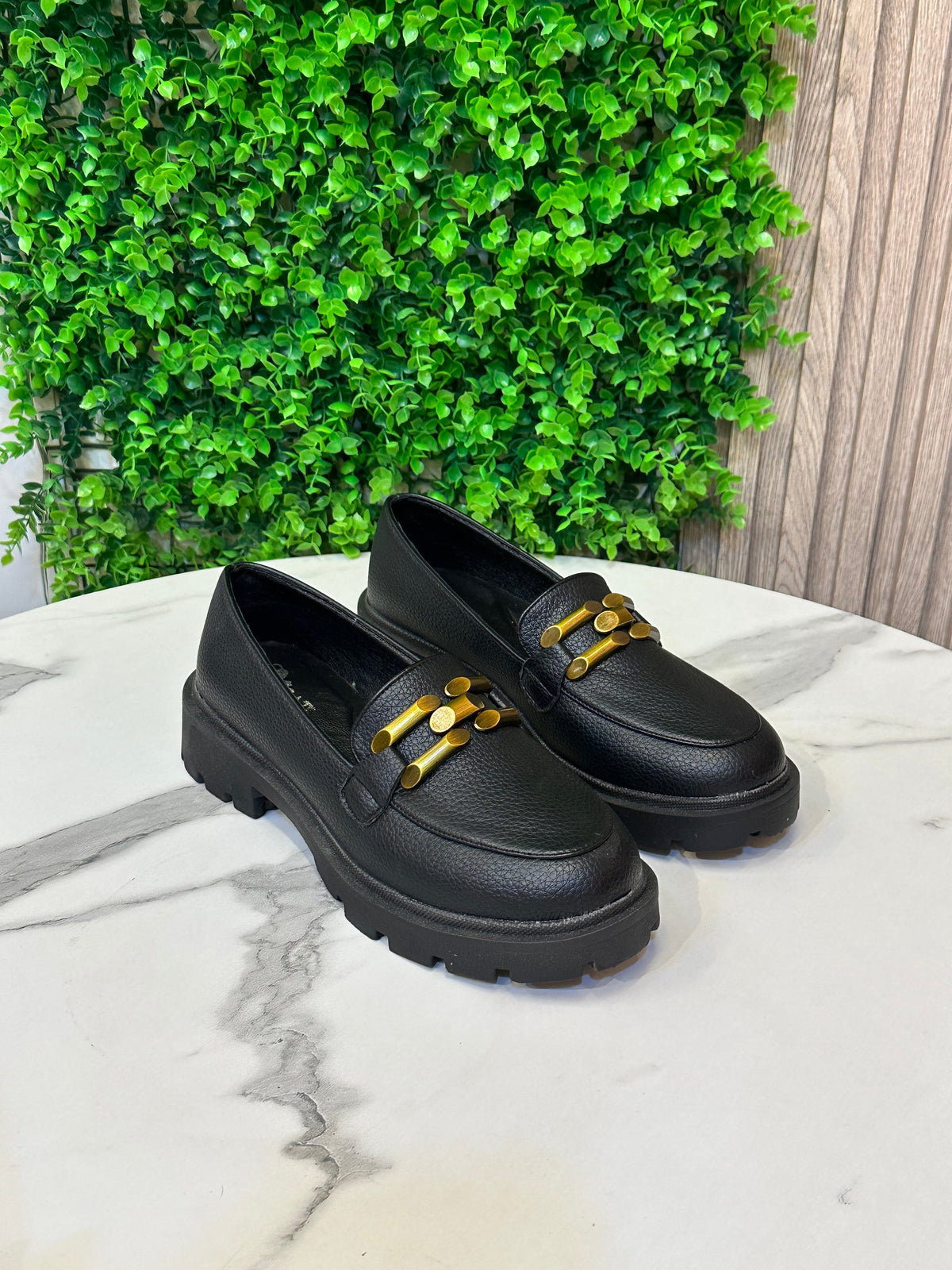 Chunky Sole Loafers with Gold Buckle Detail
