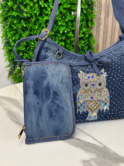 Denim Hobo Bag with Crystal Owl Design & Detachable Pouch