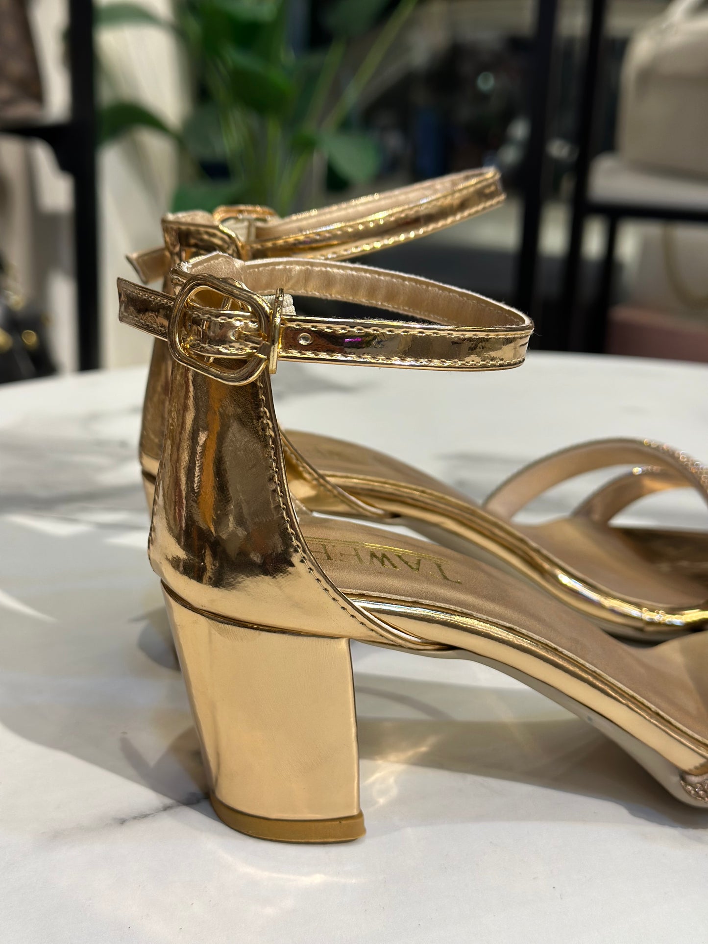 Rhinestone Block Heel Sandals with Ankle Strap