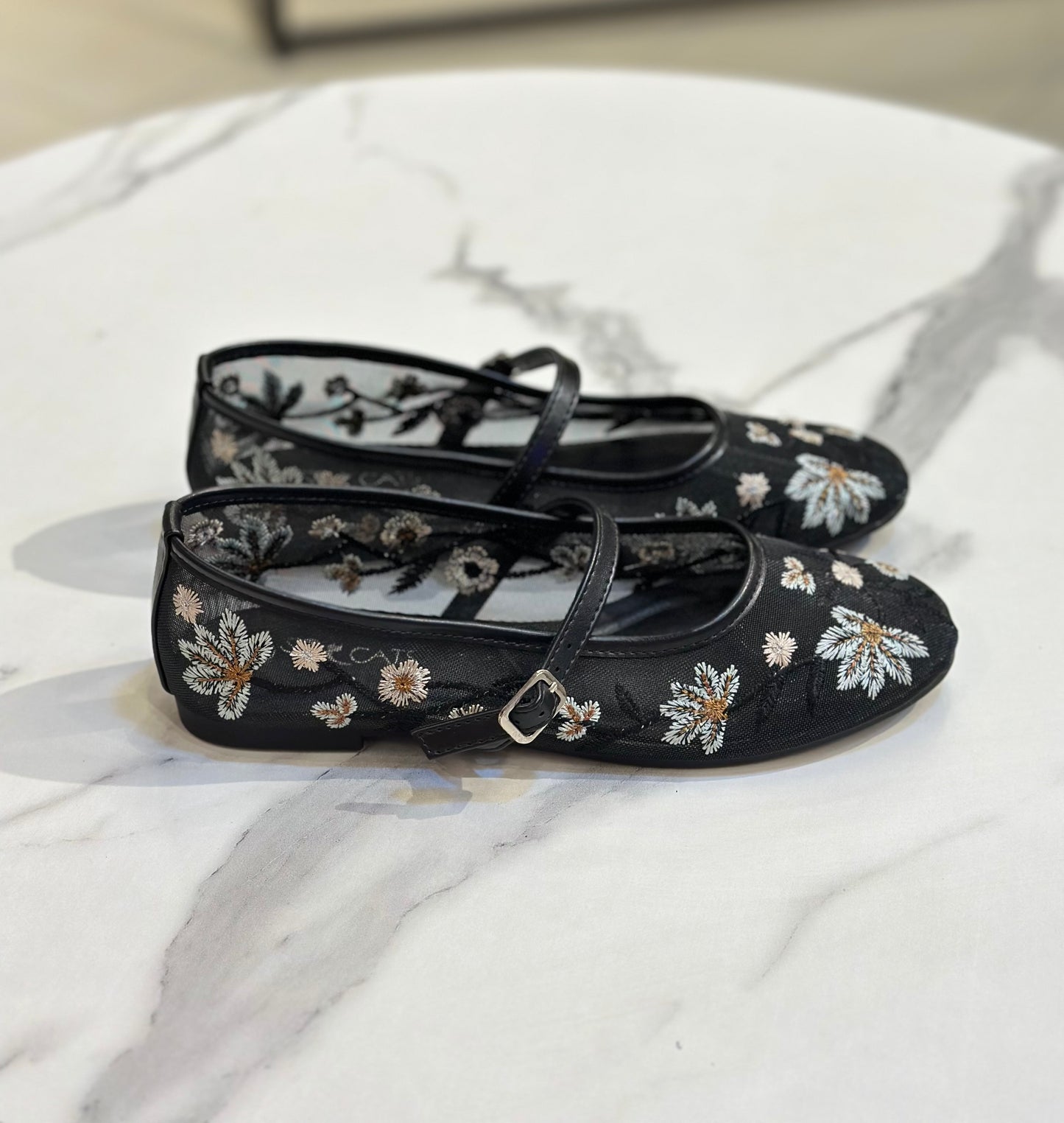 Floral Embroidered Mesh Mary Jane Flats