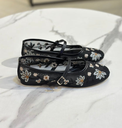 Floral Embroidered Mesh Mary Jane Flats
