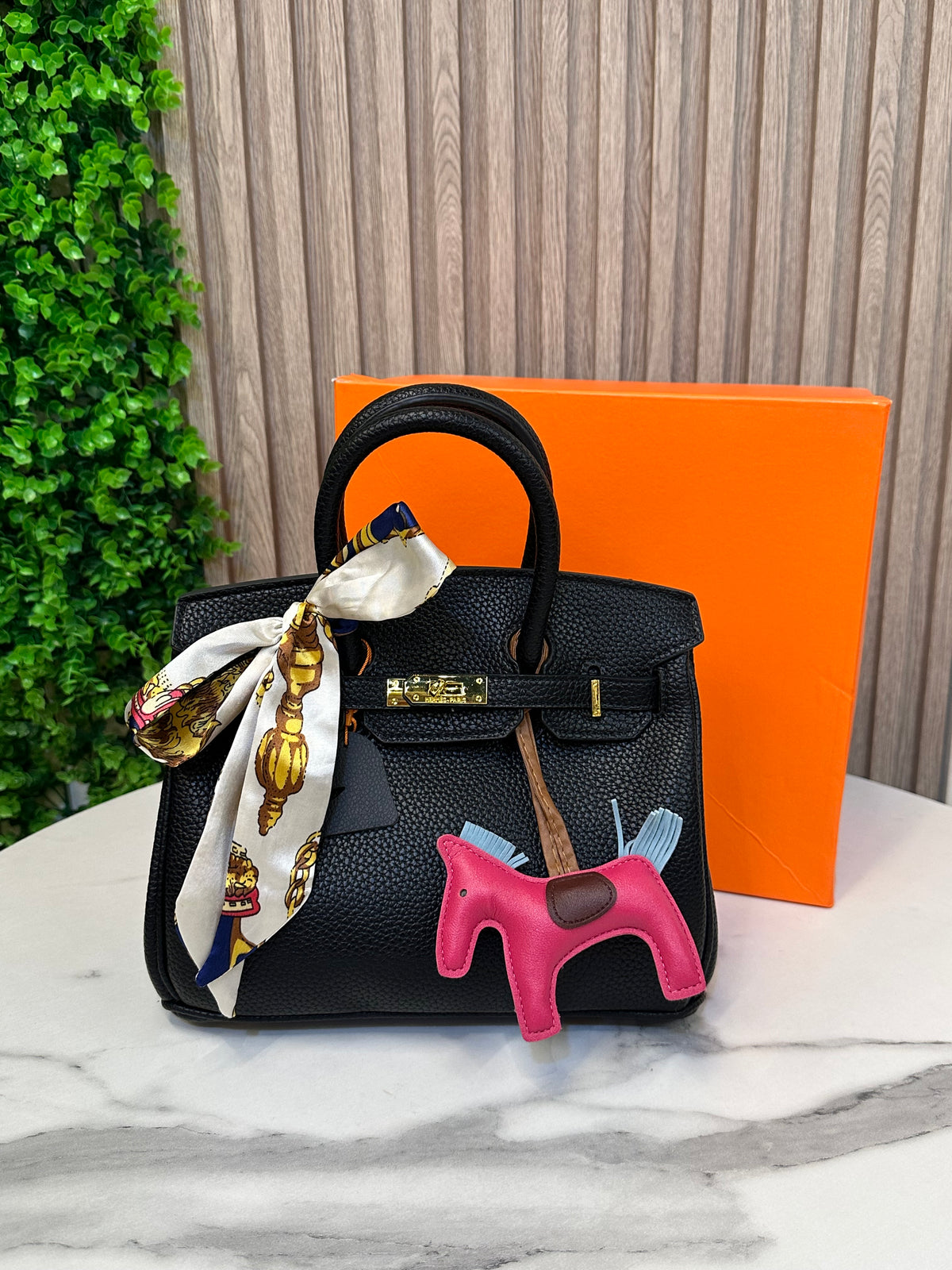 Structured Top-Handle Bag with Silk Scarf & Charm Detail