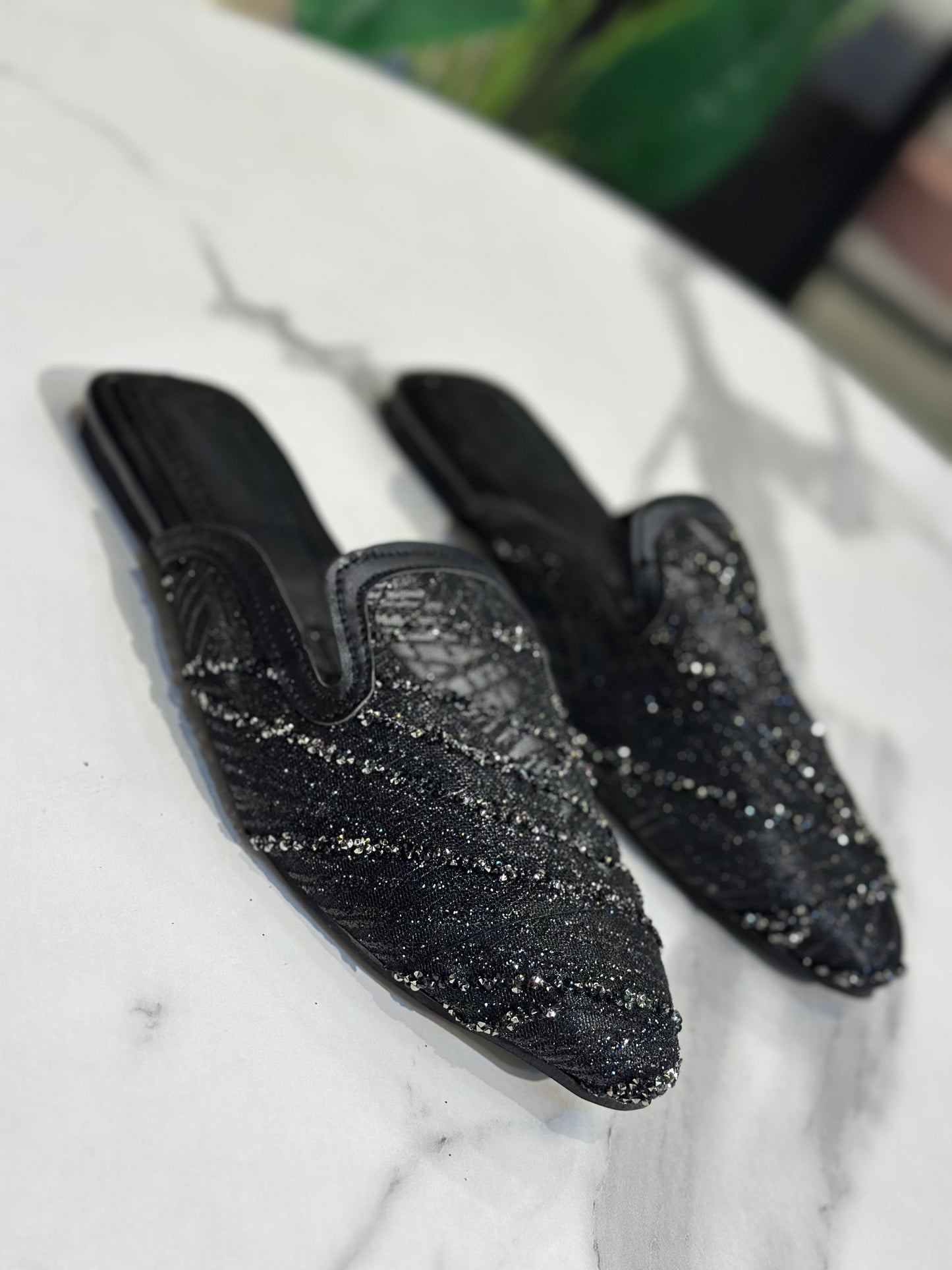 Glitter Print Pointed Mules